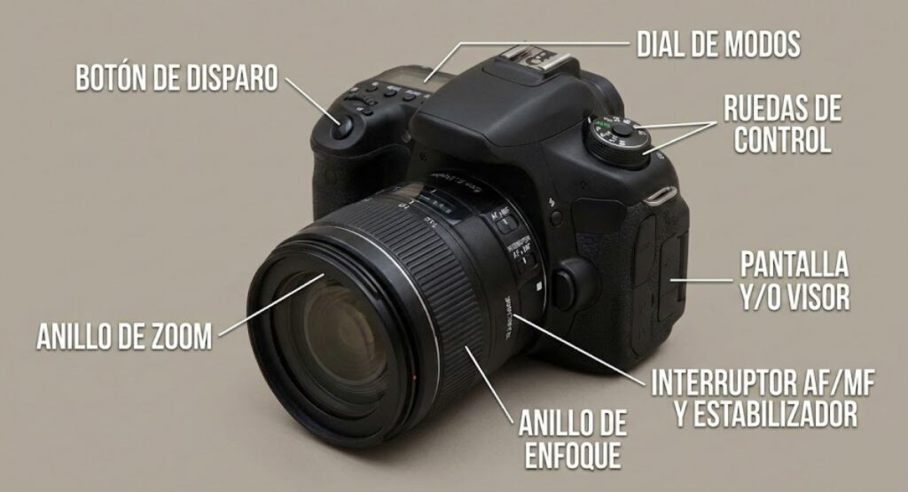 Ilustraci&oacute;n de una c&aacute;mara reflex o mirrorless con sus partes